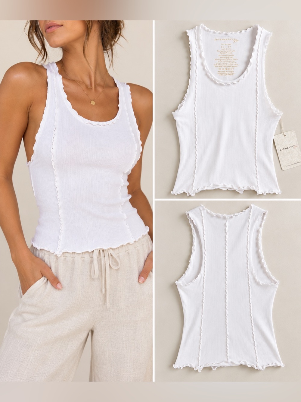 Free People Intimately White Ribbed Lettuce Edge Tank Top XS/S